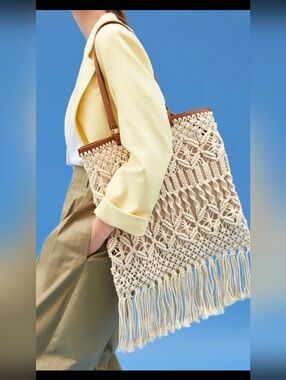 Zara Beige Macramé Crochet Fringe Shoulder Bag with Tan Trim